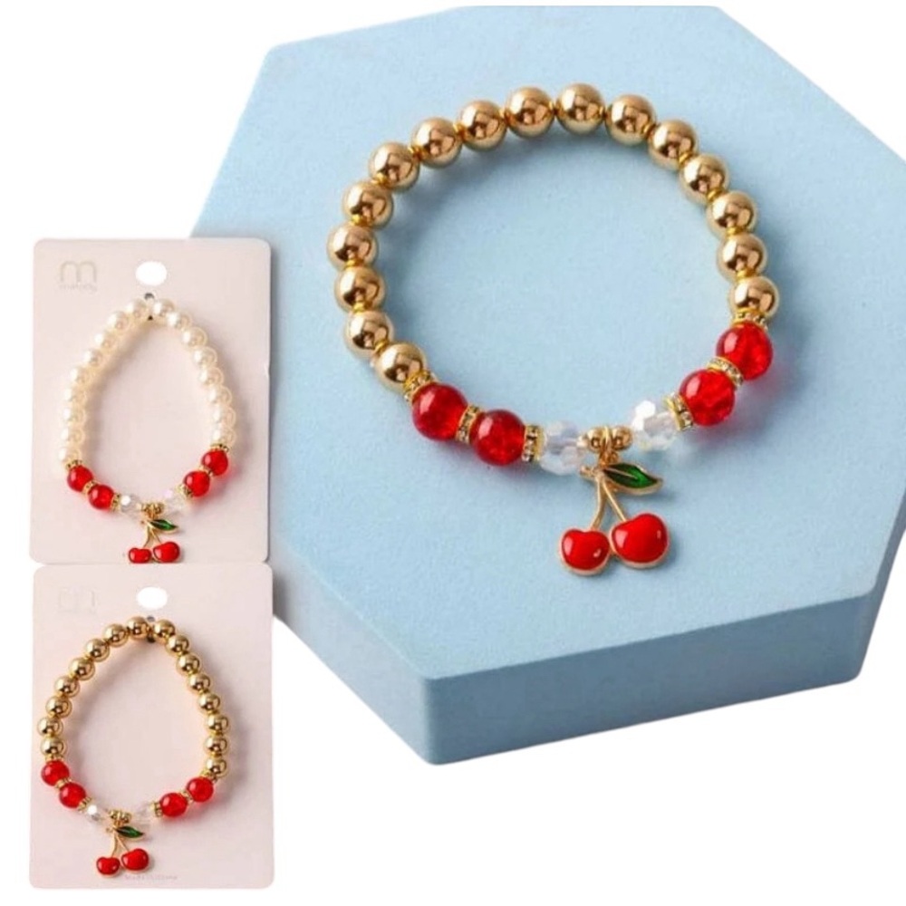 🏷️ Stretch Faux Gold or Pearl Beads & Cherry Charm Bracelet